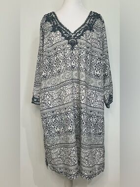 Lands' End V-Neck Cover-Up Dress Embroidered Boho Beach 1X 16W 18W White Gray